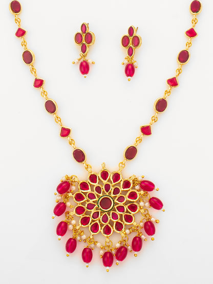 Aadita Gold Plated Ruby Red Floral Pendant Necklace Set