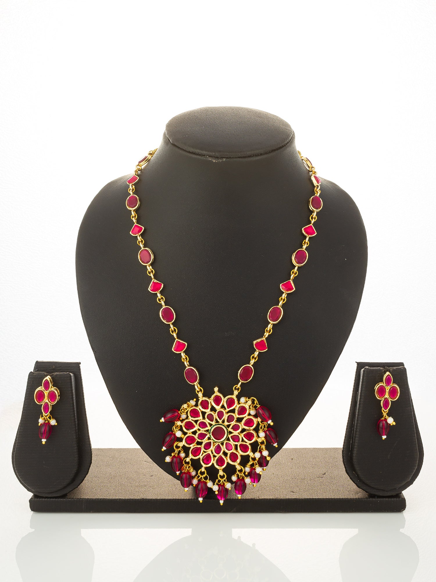 Aadita Gold Plated Ruby Red Floral Pendant Necklace Set
