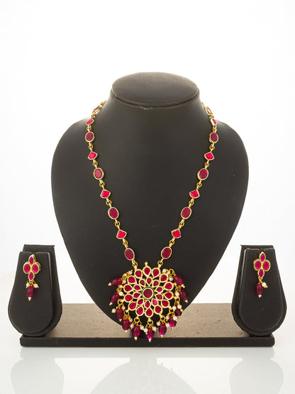 Aadita Gold Plated Ruby Red Floral Pendant Necklace Set