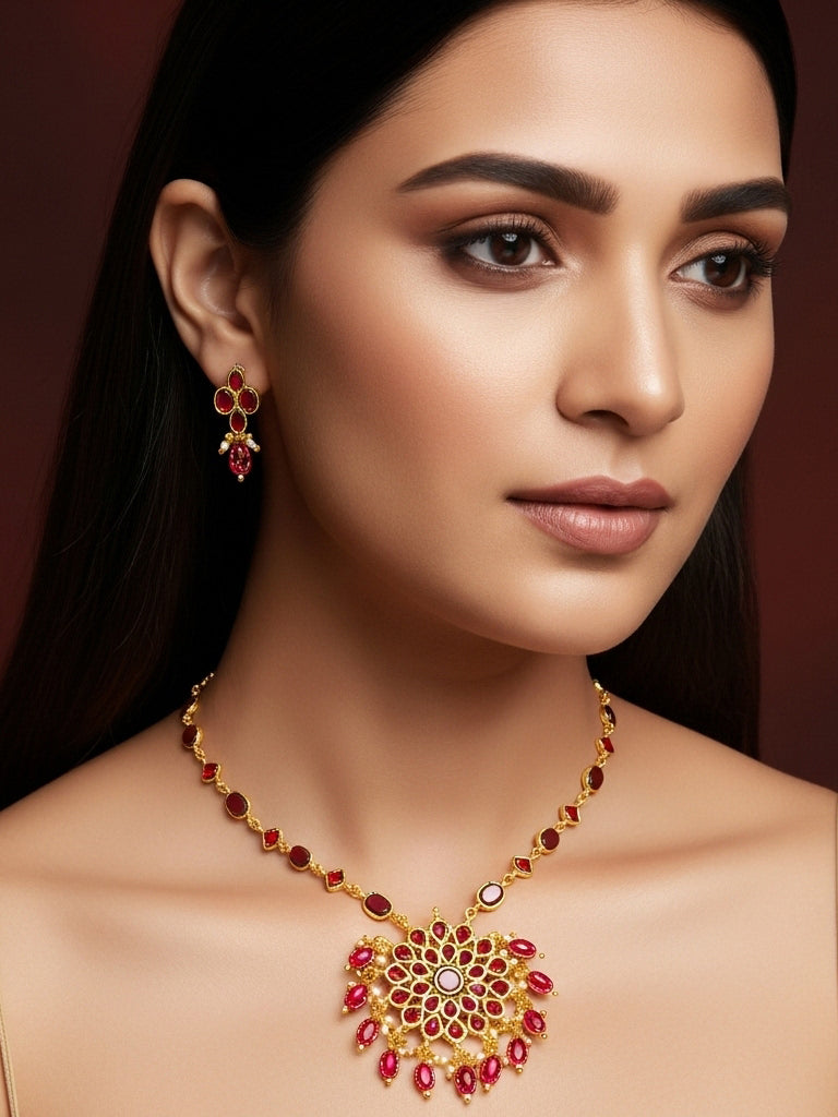 Gold Plated Ruby Red Floral Pendant Necklace Set