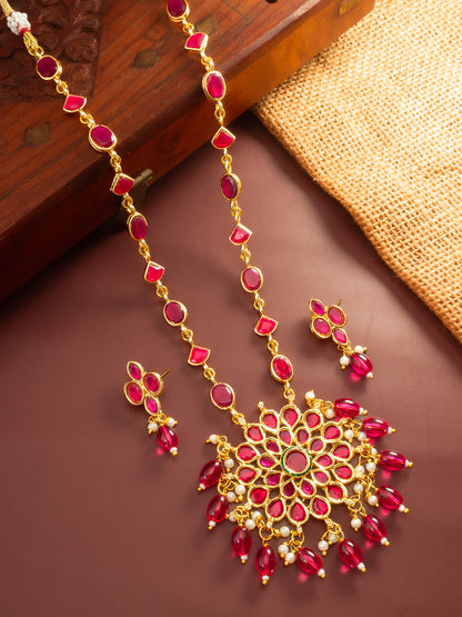 Aadita Gold Plated Ruby Red Floral Pendant Necklace Set