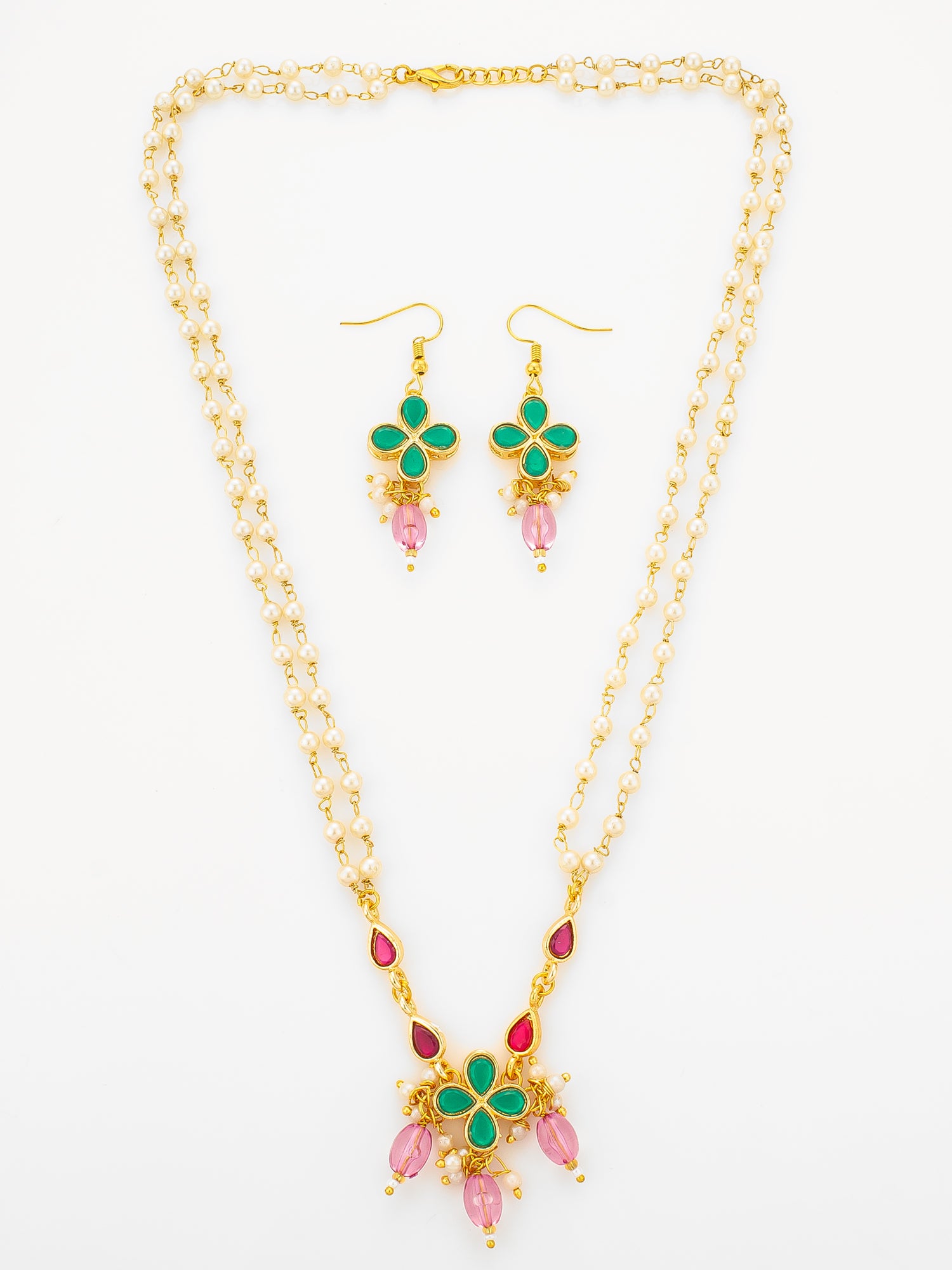 Aadita Gold Plated Double Layered Pearl Necklace with Floral Accents