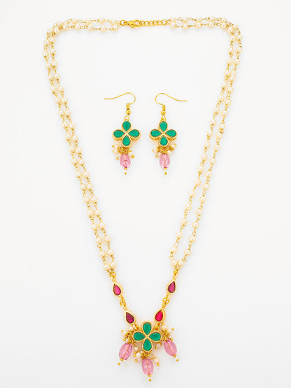 Aadita Gold Plated Double Layered Pearl Necklace with Floral Accents