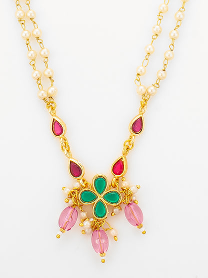 Aadita Gold Plated Double Layered Pearl Necklace with Floral Accents