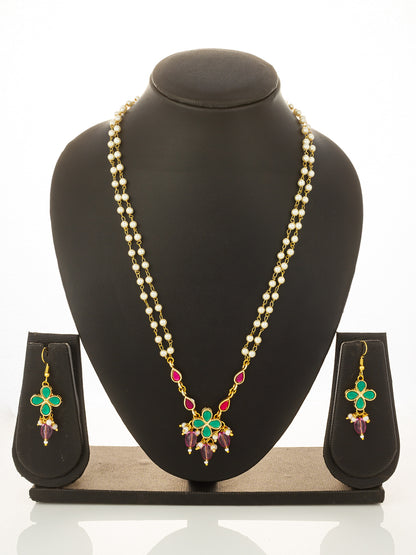 Aadita Gold Plated Double Layered Pearl Necklace with Floral Accents