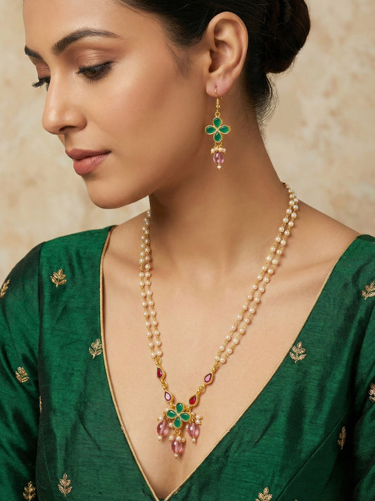 Aadita Gold Plated Double Layered Pearl Necklace with Floral Accents