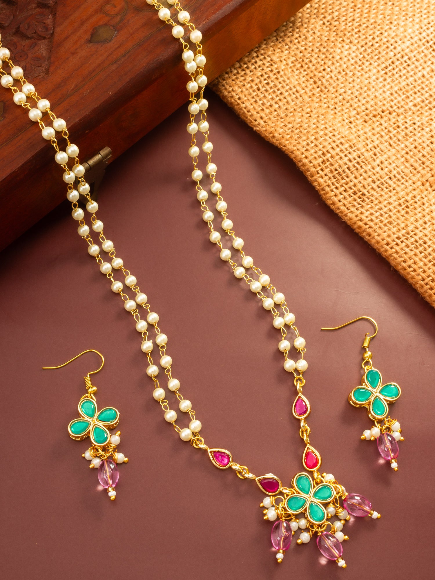 Aadita Gold Plated Double Layered Pearl Necklace with Floral Accents