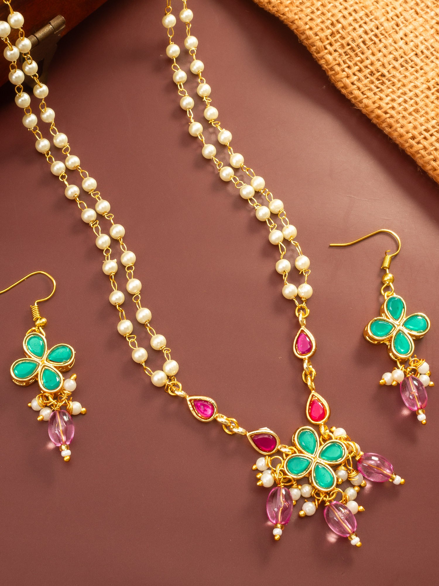 Aadita Gold Plated Double Layered Pearl Necklace with Floral Accents
