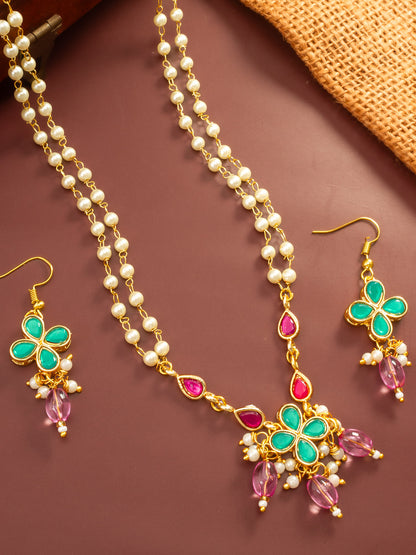 Aadita Gold Plated Double Layered Pearl Necklace with Floral Accents
