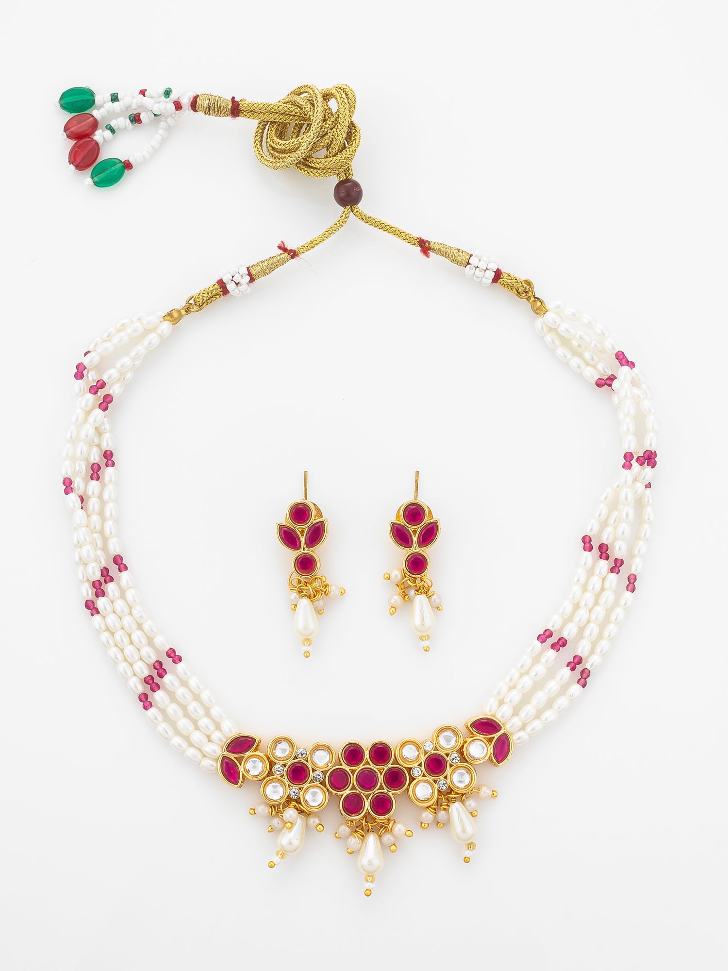 Aadita Gold Plated Multi-Strand Pearl Necklace with Red Stone Detail