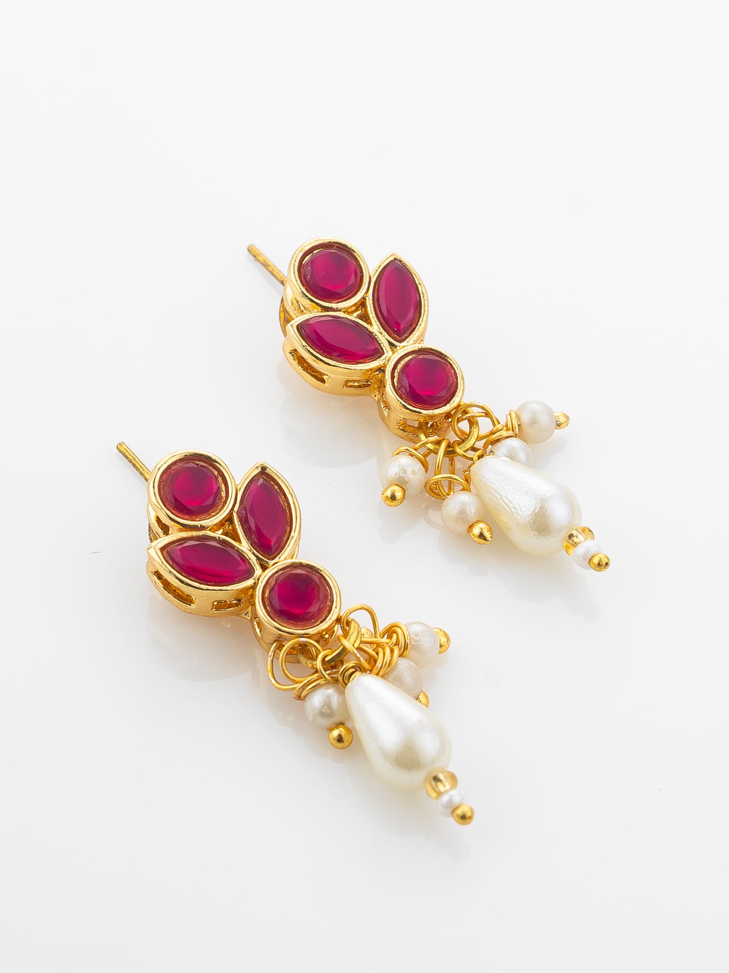 Aadita Gold Plated Multi-Strand Pearl Necklace with Red Stone Detail