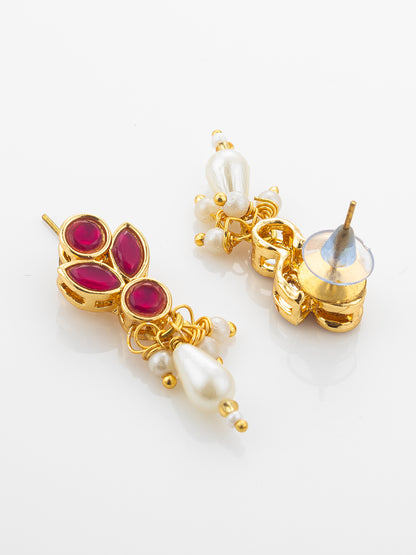 Aadita Gold Plated Multi-Strand Pearl Necklace with Red Stone Detail