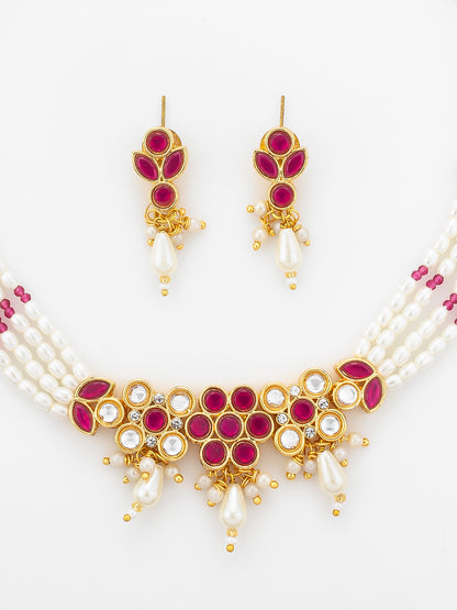 Aadita Gold Plated Multi-Strand Pearl Necklace with Red Stone Detail