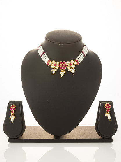 Aadita Gold Plated Multi-Strand Pearl Necklace with Red Stone Detail