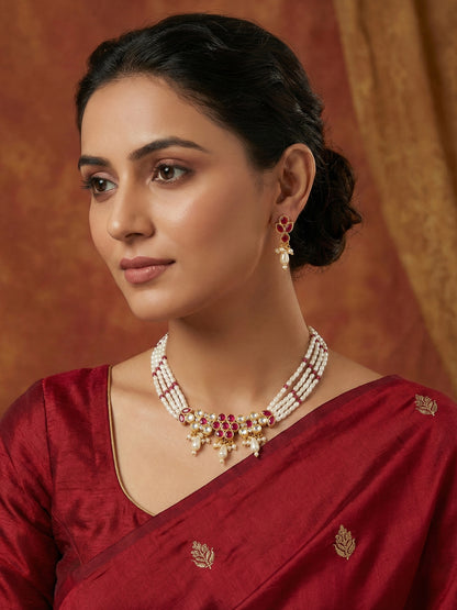 Aadita Gold Plated Multi-Strand Pearl Necklace with Red Stone Detail