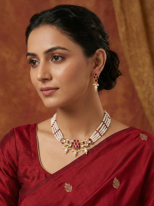Aadita Gold Plated Multi-Strand Pearl Necklace with Red Stone Detail