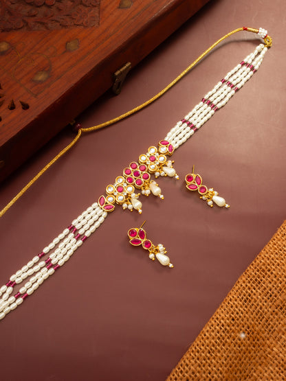 Aadita Gold Plated Multi-Strand Pearl Necklace with Red Stone Detail