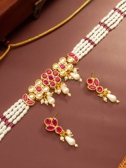 Aadita Gold Plated Multi-Strand Pearl Necklace with Red Stone Detail