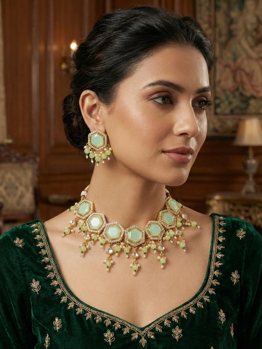 Aadita Gold Plated Mint Green Hexagonal Choker Necklace Set