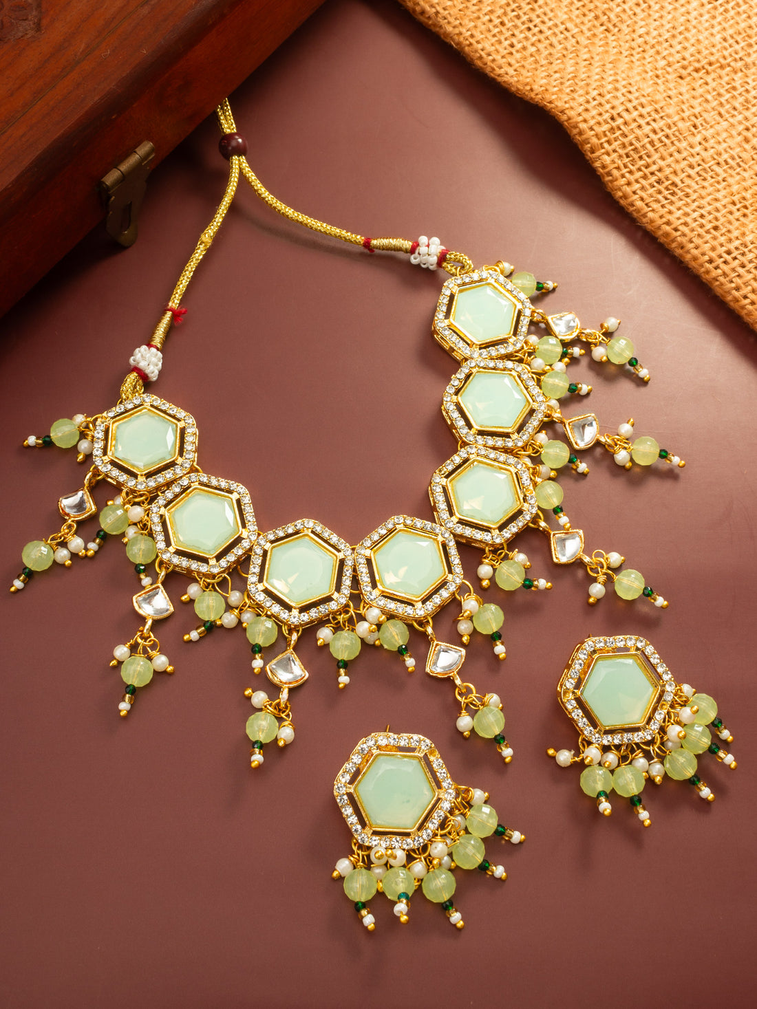 Gold Plated Mint Green Hexagonal Choker Necklace Set