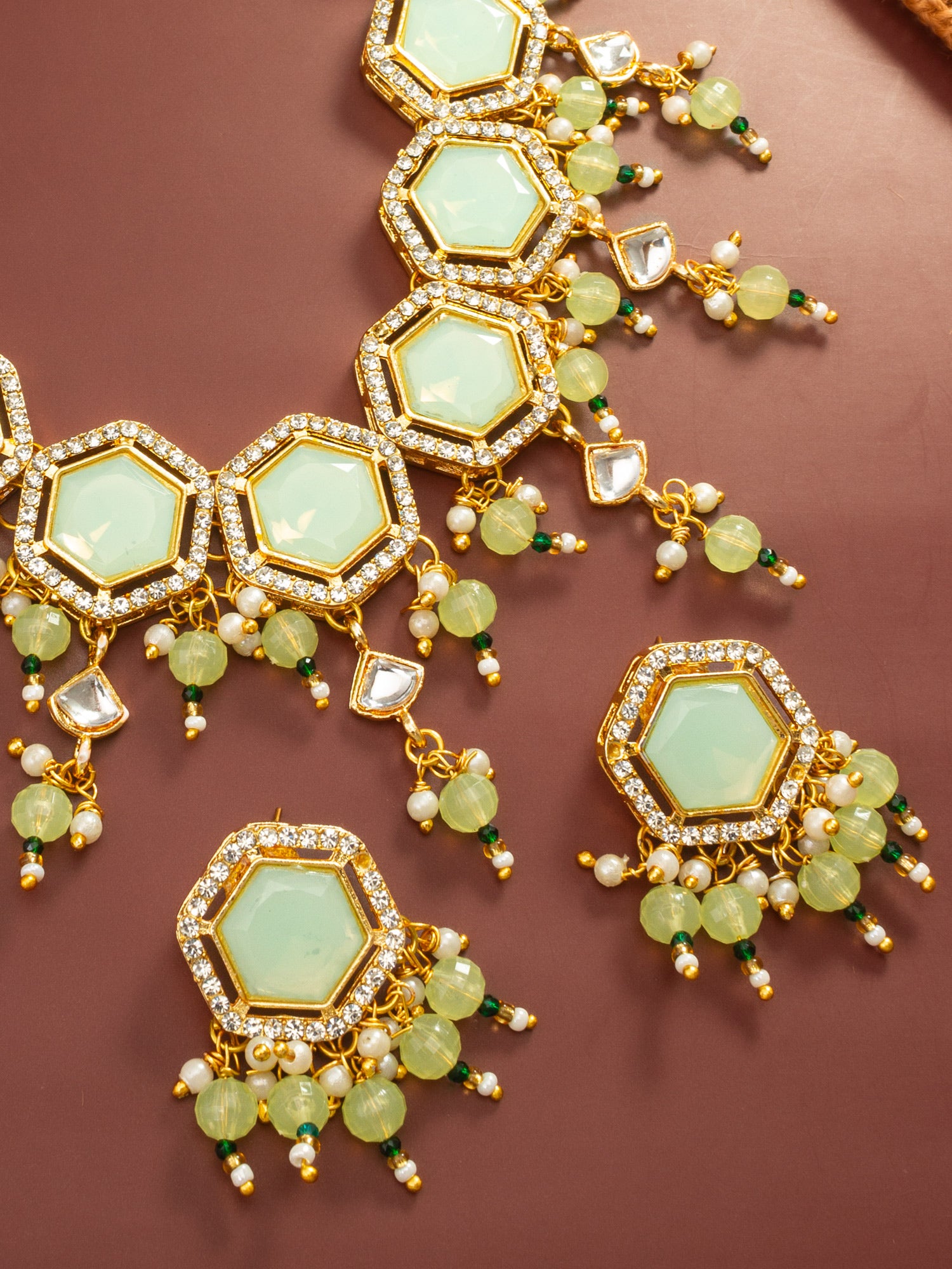 Aadita Gold Plated Mint Green Hexagonal Choker Necklace Set