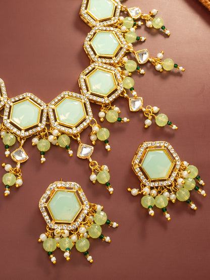 Aadita Gold Plated Mint Green Hexagonal Choker Necklace Set