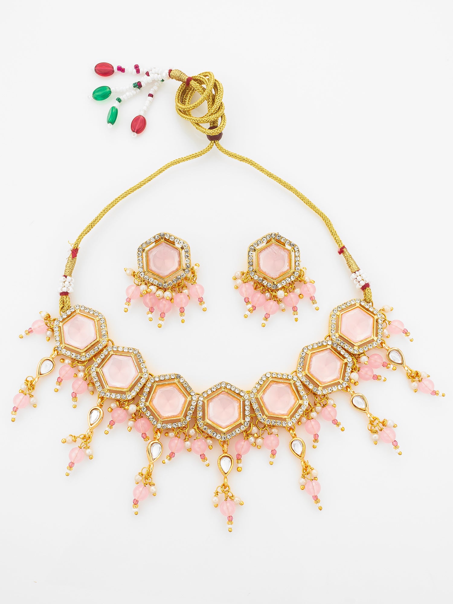 Aadita Gold Plated Pink Hexagonal Stone Choker Necklace Set with Earrings