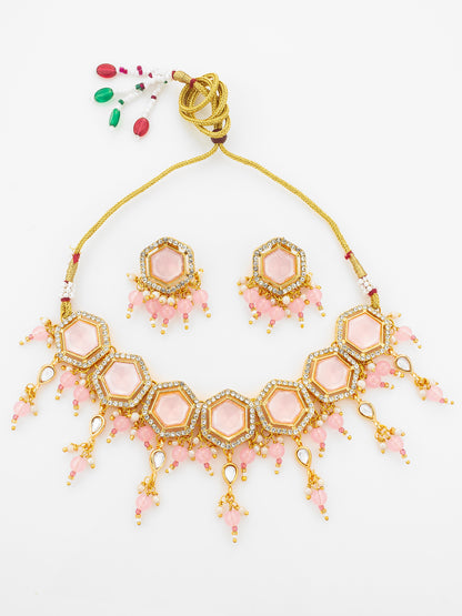 Aadita Gold Plated Pink Hexagonal Stone Choker Necklace Set with Earrings