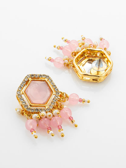 Aadita Gold Plated Pink Hexagonal Stone Choker Necklace Set with Earrings