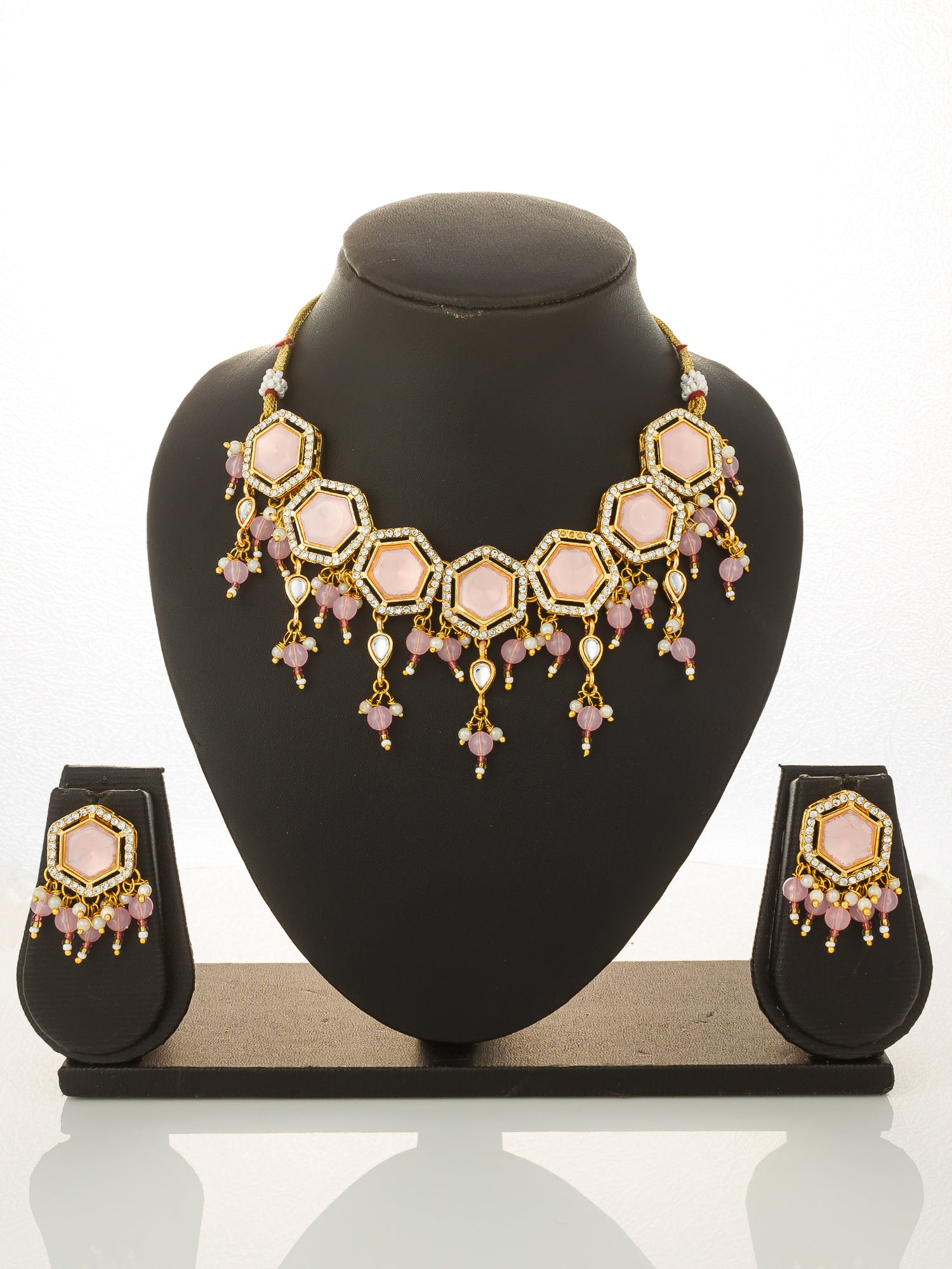 Aadita Gold Plated Pink Hexagonal Stone Choker Necklace Set with Earrings