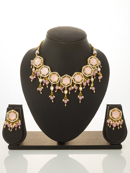 Aadita Gold Plated Pink Hexagonal Stone Choker Necklace Set with Earrings