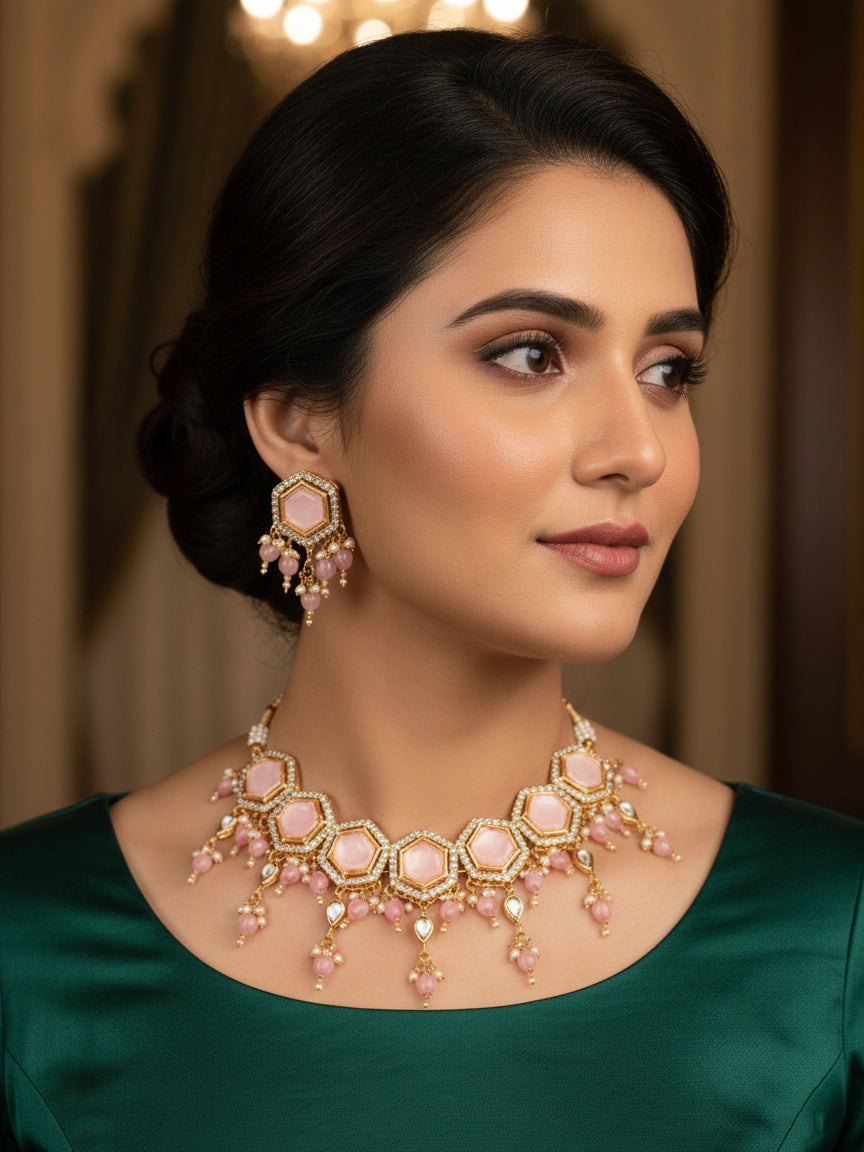 Aadita Gold Plated Pink Hexagonal Stone Choker Necklace Set with Earrings