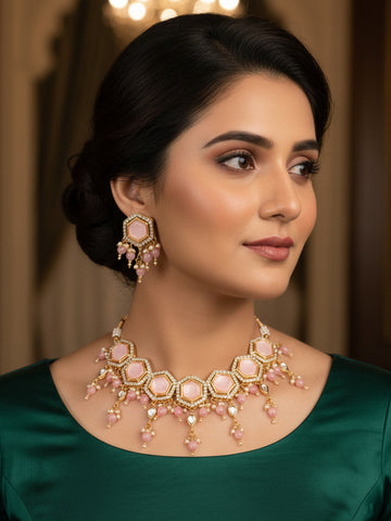 Aadita Gold Plated Pink Hexagonal Stone Choker Necklace Set with Earrings