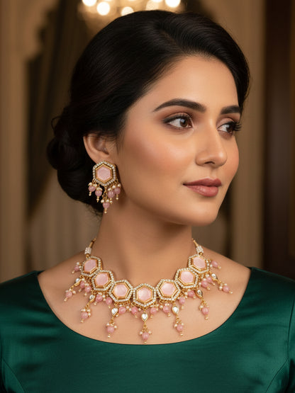 Aadita Gold Plated Pink Hexagonal Stone Choker Necklace Set with Earrings