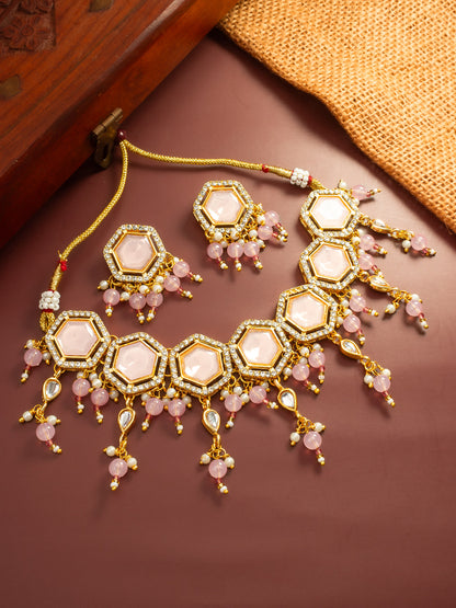 Aadita Gold Plated Pink Hexagonal Stone Choker Necklace Set with Earrings