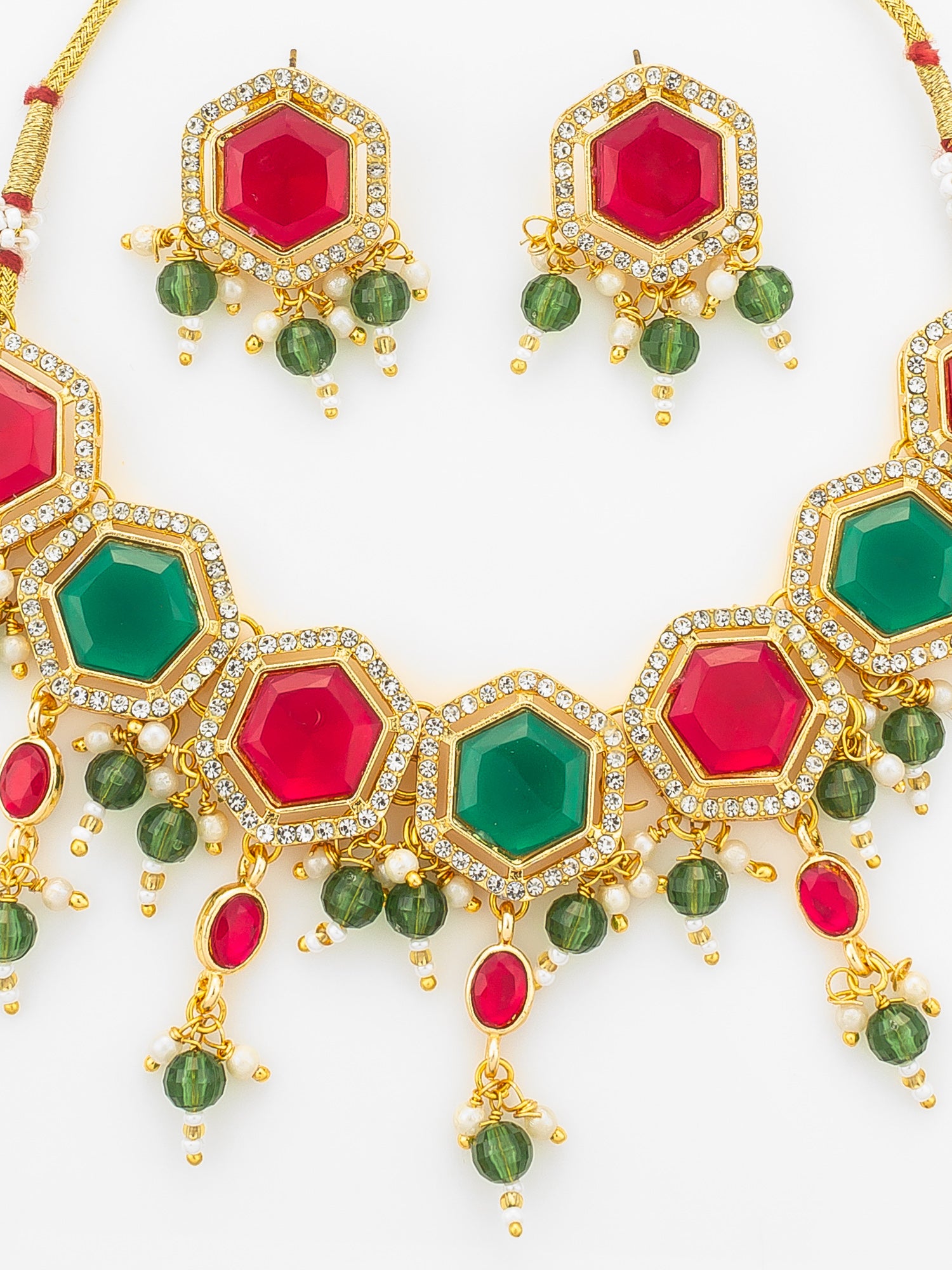 Aadita Gold Plated Red and Green Hexagonal Style Choker Set