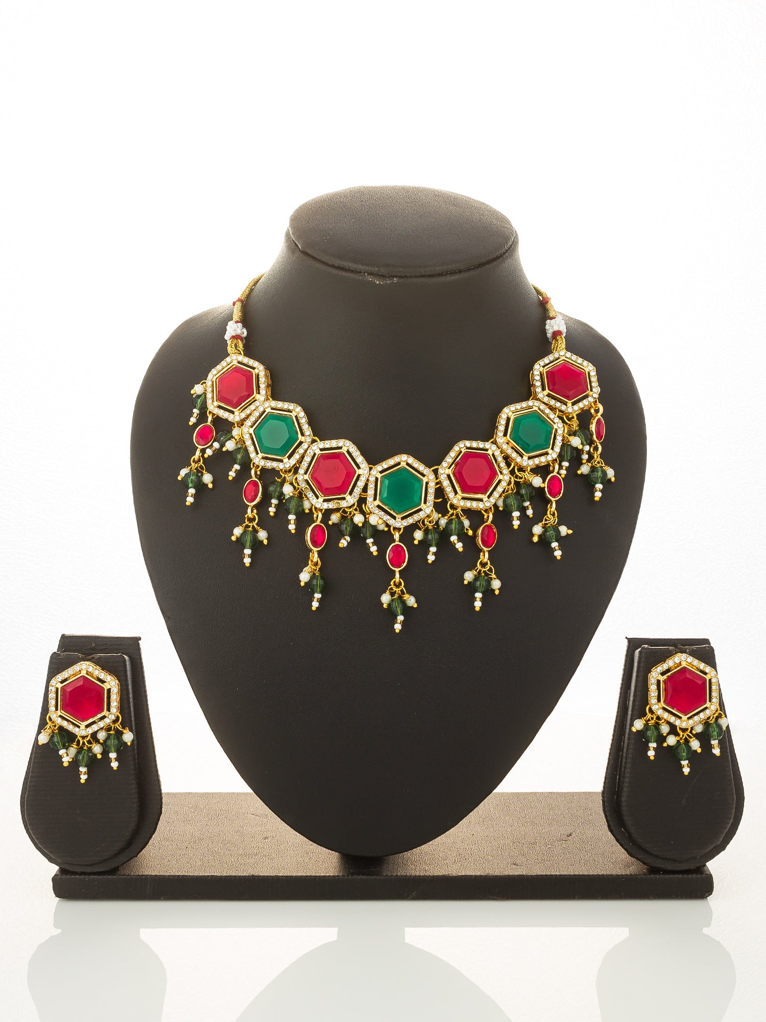 Aadita Gold Plated Red and Green Hexagonal Style Choker Set