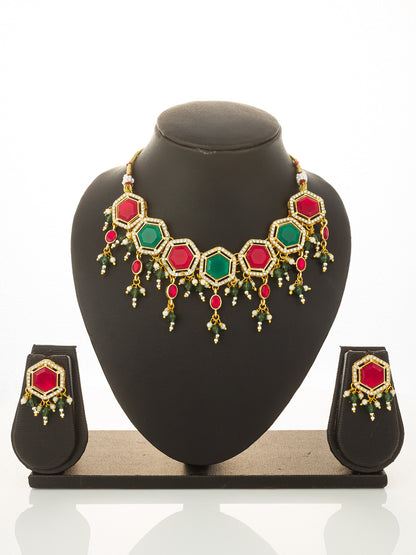 Aadita Gold Plated Red and Green Hexagonal Style Choker Set