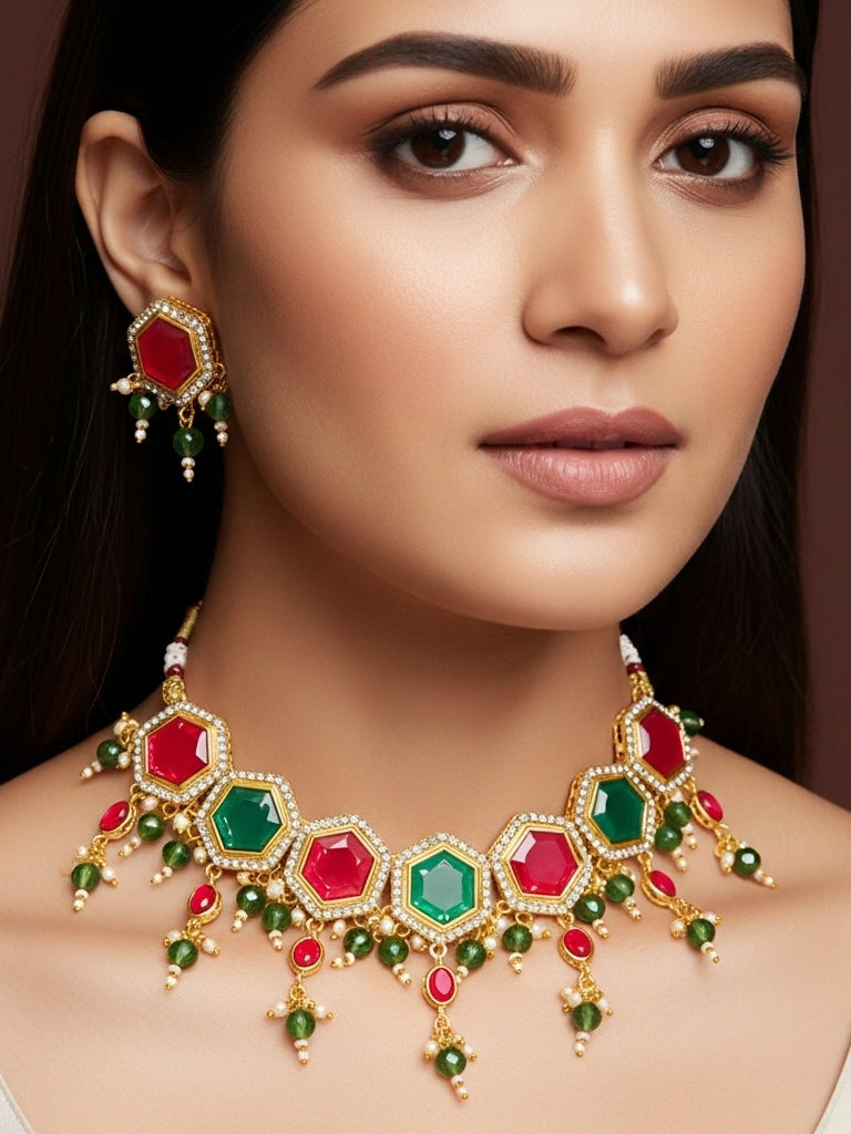 Aadita Gold Plated Red and Green Hexagonal Style Choker Set