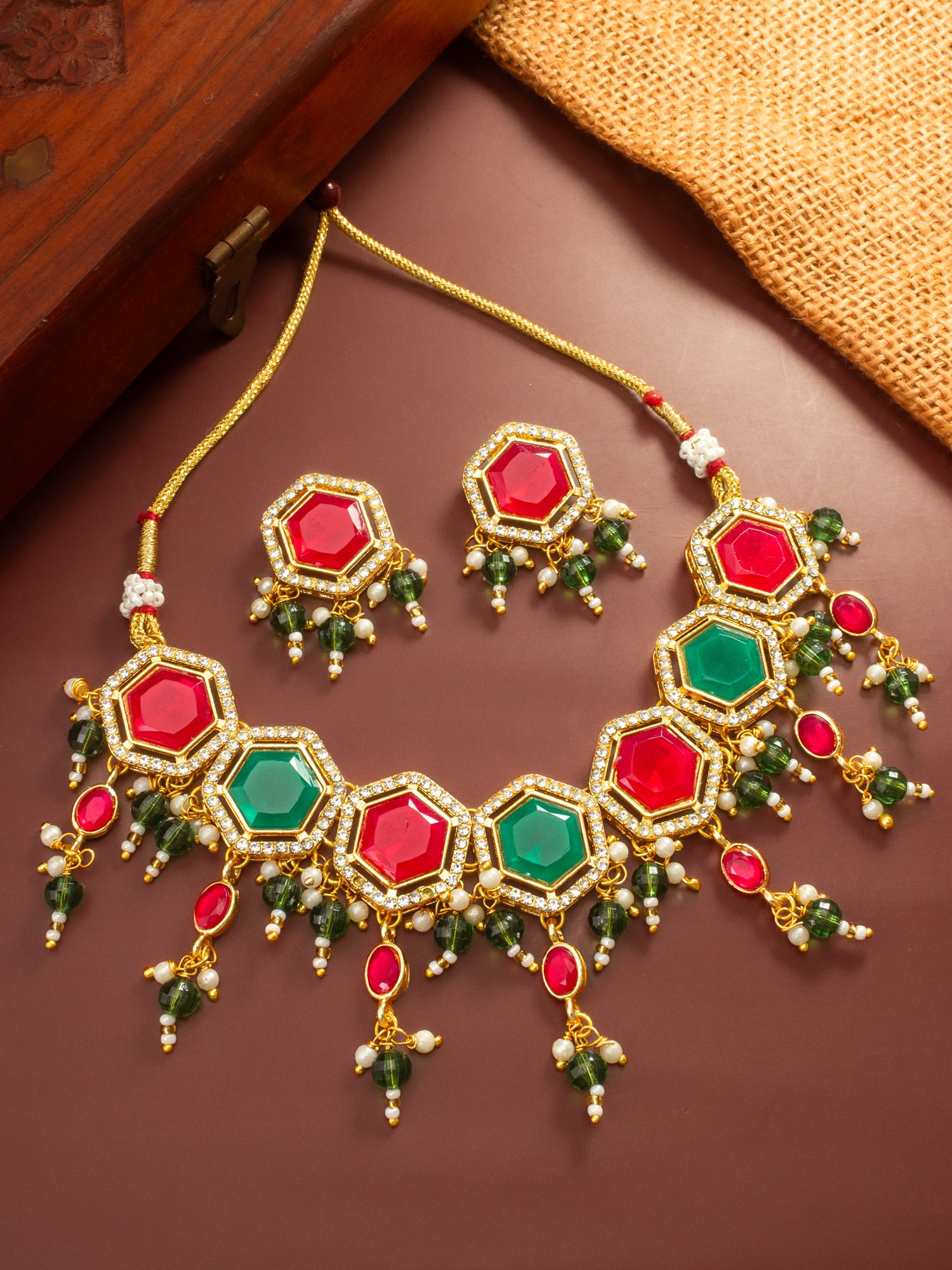 Aadita Gold Plated Red and Green Hexagonal Style Choker Set