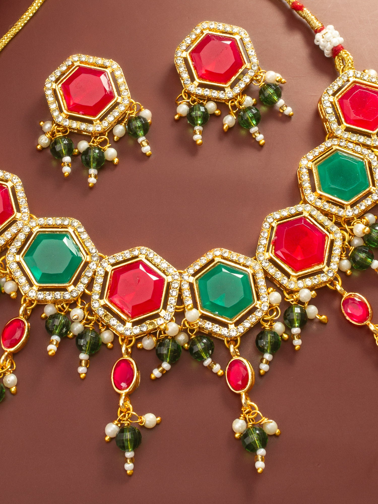 Aadita Gold Plated Red and Green Hexagonal Style Choker Set
