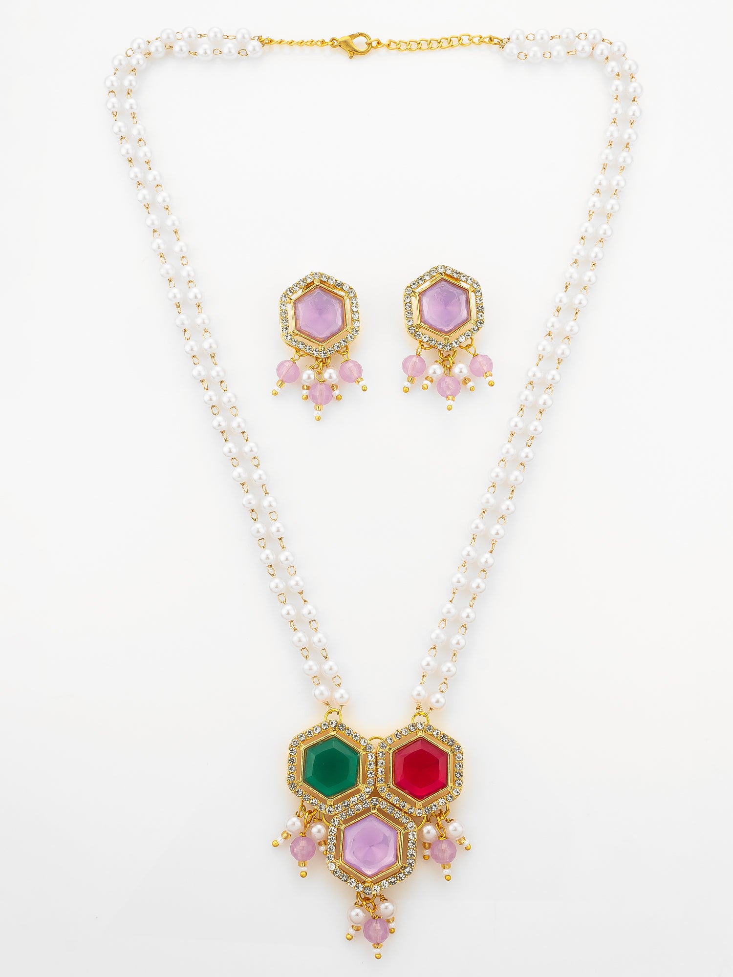 Aadita Gold Plated Multi-Stone Pearl String Necklace Set with Pendant