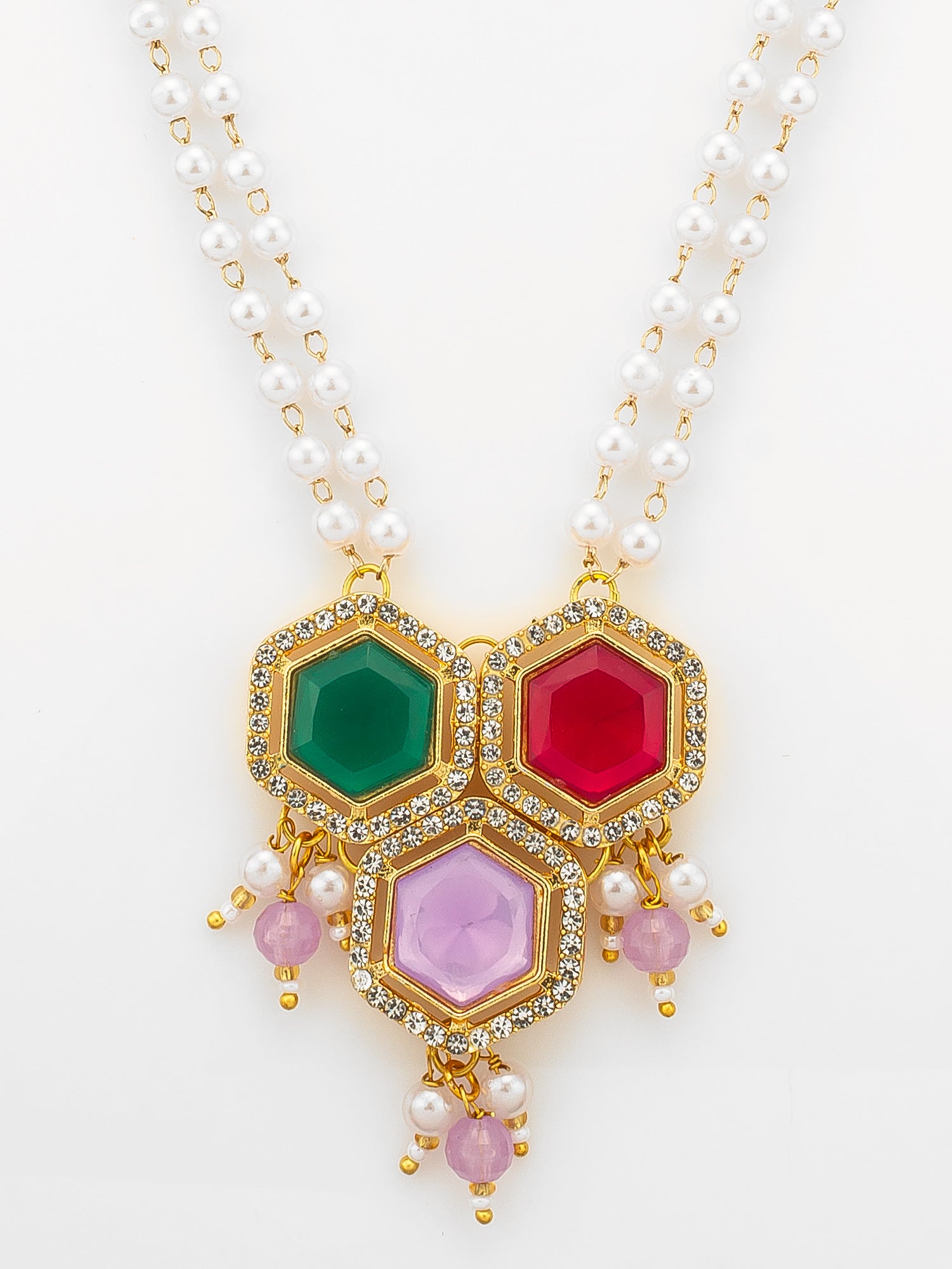 Aadita Gold Plated Multi-Stone Pearl String Necklace Set with Pendant