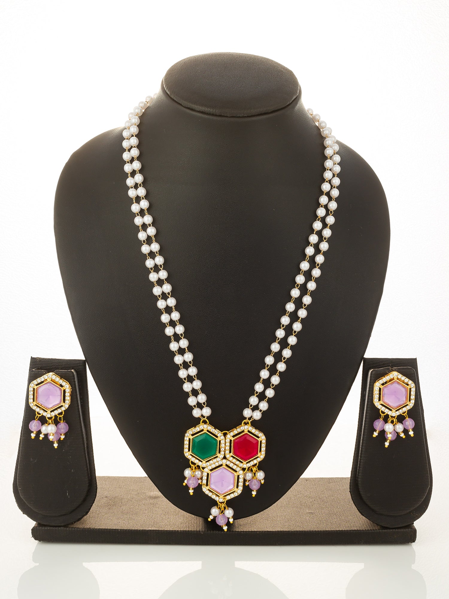 Aadita Gold Plated Multi-Stone Pearl String Necklace Set with Pendant