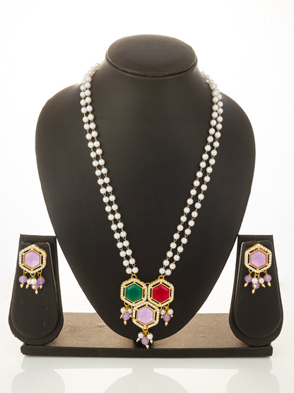 Aadita Gold Plated Multi-Stone Pearl String Necklace Set with Pendant