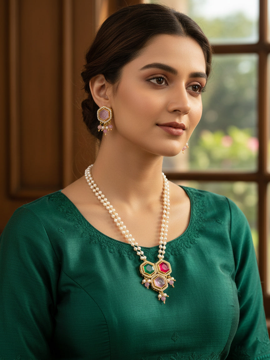 Aadita Gold Plated Multi-Stone Pearl String Necklace Set with Pendant