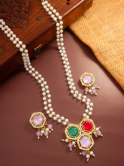 Aadita Gold Plated Multi-Stone Pearl String Necklace Set with Pendant