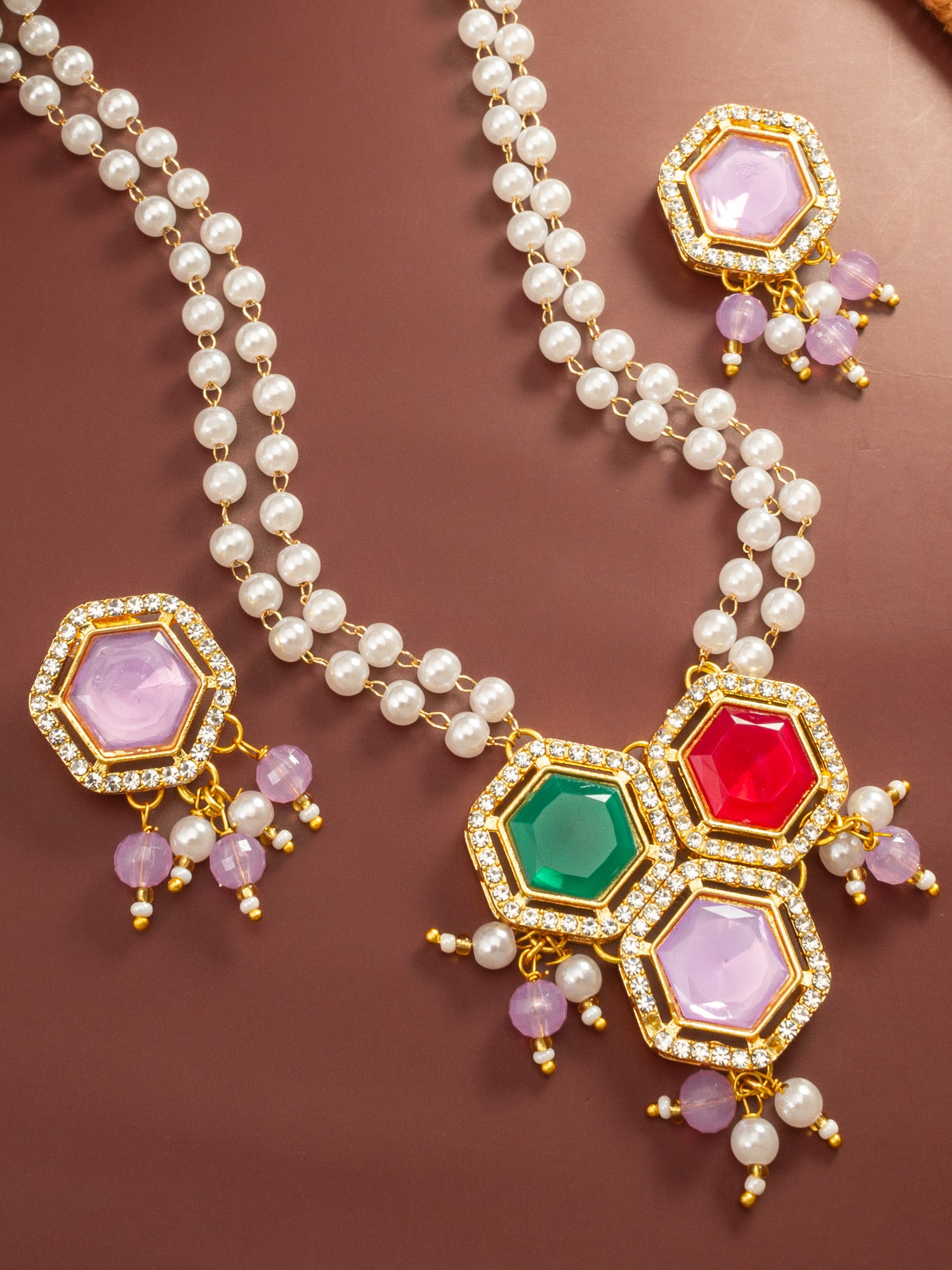 Aadita Gold Plated Multi-Stone Pearl String Necklace Set with Pendant