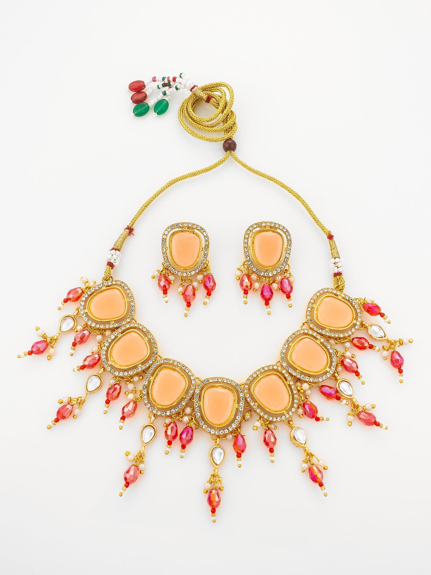 Aadita Gold Plated Peach Stone Choker Necklace with Dangles