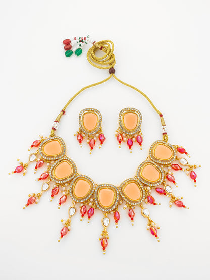 Aadita Gold Plated Peach Stone Choker Necklace with Dangles